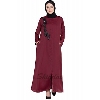 Designer Nida abaya with Patchwork- Maroon